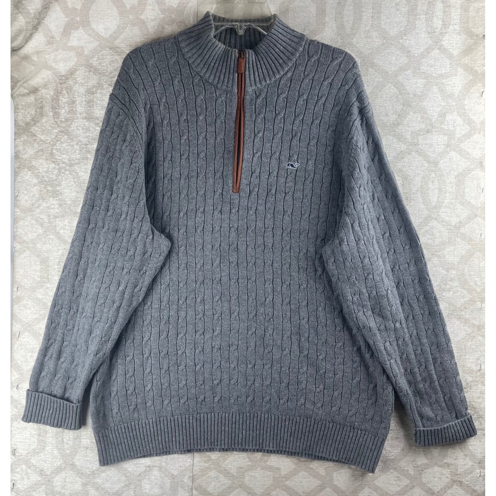 Vineyard Vines Men XL Gray Cable Knit 1/4 Zip Merino Wool Blend Sweater Mockneck